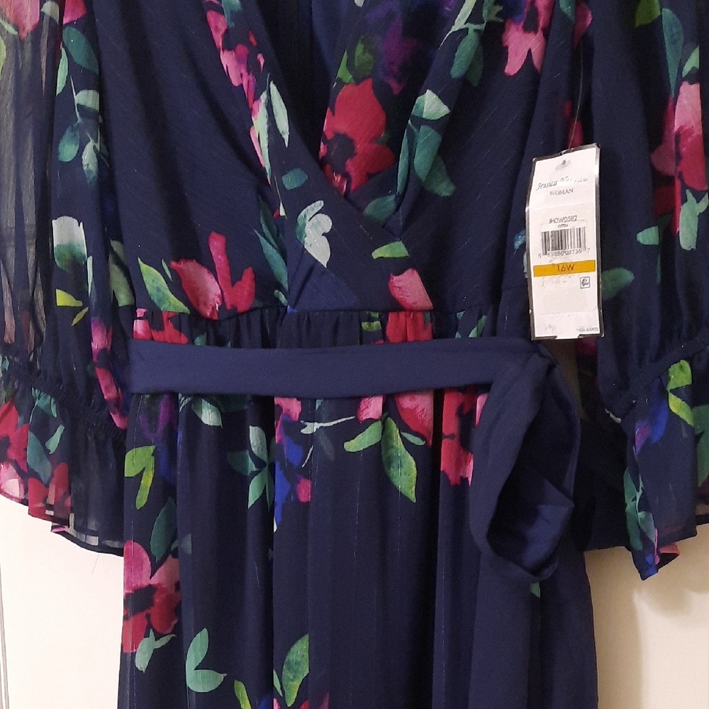 Jessica Howard Navy/ Purple V-Neck Ruffle Bishop Sleeve Maxi Dress - Picture 8 of 13